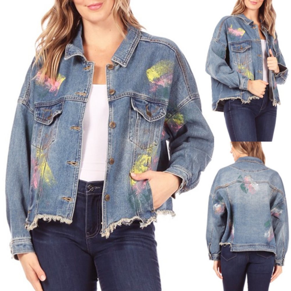 NEW Oversize Retro 70s 80s Paint Splatter Splash Distressed Hem Denim Jacket - Picture 6 of 6